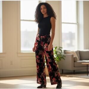☀️Nally & Millie Velour Floral Pull-On High Rise Trouser Pants Black/Red S/M NWT